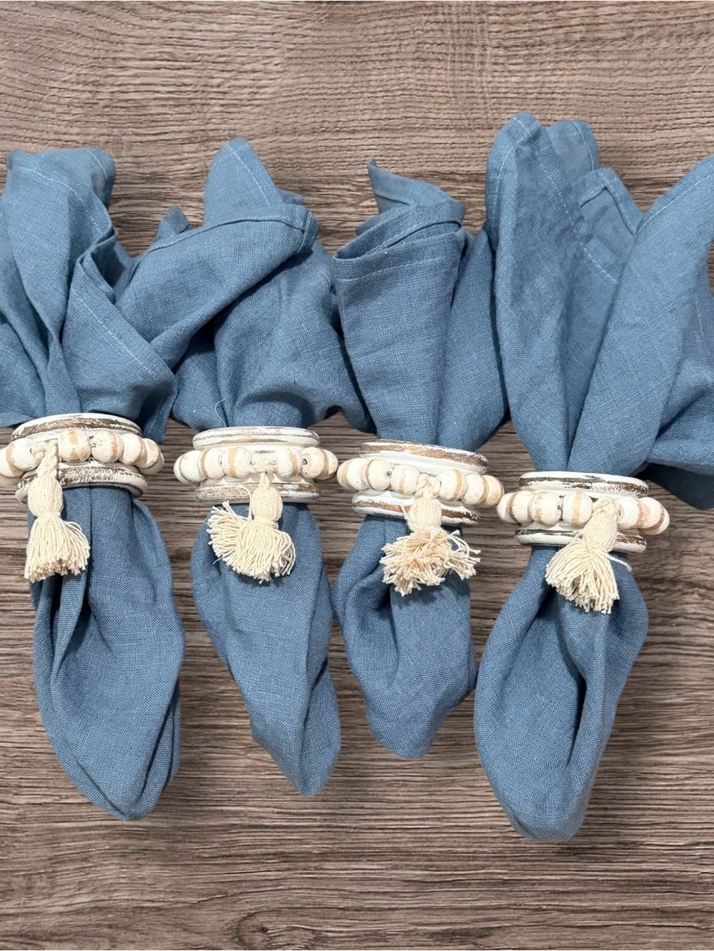 Classic Blue Linen Napkins with Distressed Tassel Beaded Wood Napkin Rings